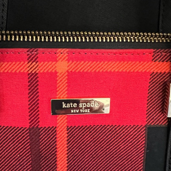 Coordinating red black plaid Kate Spade purse and zippered...